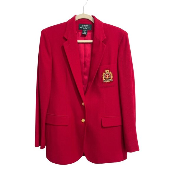Lauren Ralph Lauren Jackets & Blazers - Lauren Ralph Lauren Black Label Red Wool Blazer Crest Gold Button Vtg Petite 10P